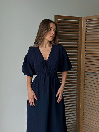 Lacivert - V Yaka Bağlamalı Müslin Kumaş Beli Lastikli Balon Kol Midi Elbise