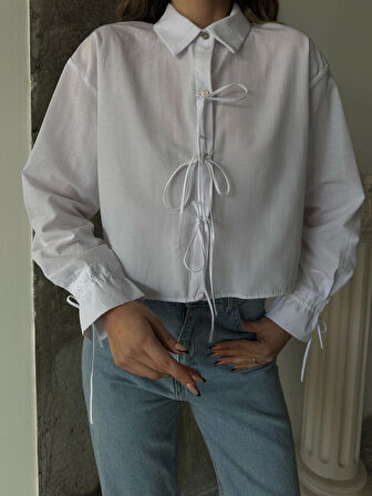 Beyaz - Önden Bağlamalı Uzun Kol Pamuklu Gömlek