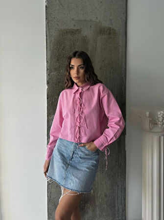 Pembe - Önden Bağlamalı Uzun Kol Pamuklu Gömlek