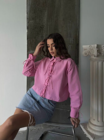 Pembe - Önden Bağlamalı Uzun Kol Pamuklu Gömlek