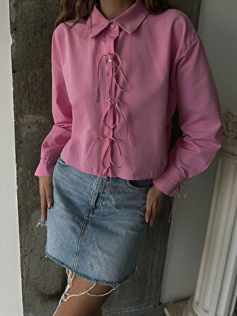 Pembe - Önden Bağlamalı Uzun Kol Pamuklu Gömlek