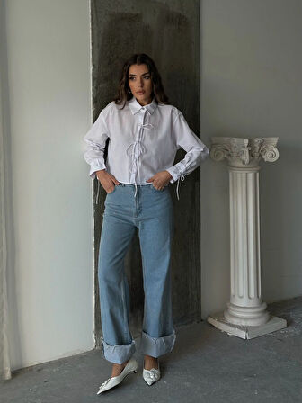 Beyaz - Önden Bağlamalı Uzun Kol Pamuklu Gömlek