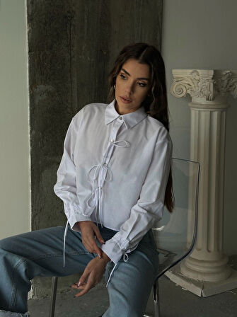 Beyaz - Önden Bağlamalı Uzun Kol Pamuklu Gömlek