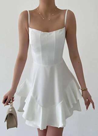 Beyaz - Prenses Model Askılı Elbise
