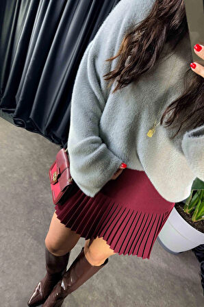 Bordo - Pileli Mini Etek