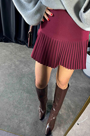 Bordo - Pileli Mini Etek