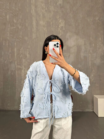 Bebek Mavisi - Püsküllü Önü Bağlamalı Keten Kimono Ceket