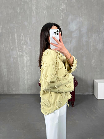 Haki - Püsküllü Önü Bağlamalı Keten Kimono Ceket
