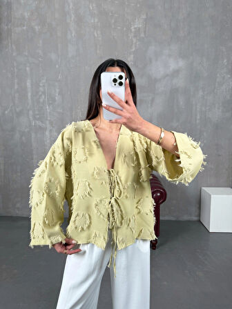 Haki - Püsküllü Önü Bağlamalı Keten Kimono Ceket