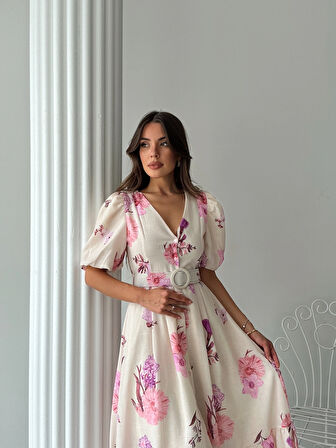 Pembe - Çiçek Desenli Balon Kol V Yaka Midi Elbise