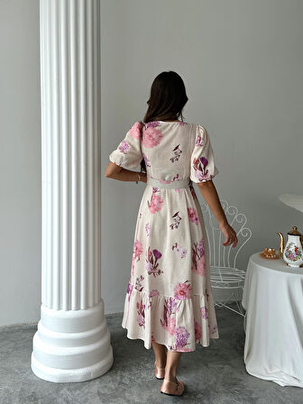 Pembe - Çiçek Desenli Balon Kol V Yaka Midi Elbise