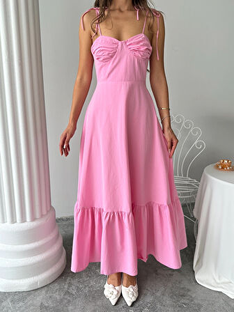 Pembe - Göğüs Drapeli Kloş Prenses Elbise