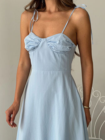 Mavi - Göğüs Drapeli Kloş Prenses Elbise