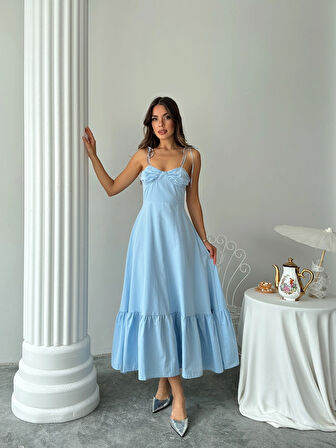 Mavi - Göğüs Drapeli Kloş Prenses Elbise