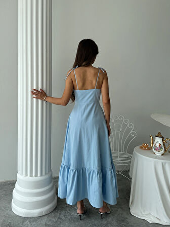 Mavi - Göğüs Drapeli Kloş Prenses Elbise