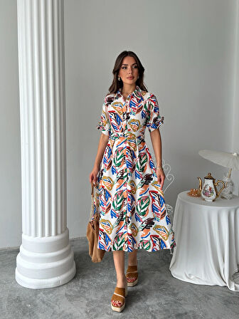 Lacivert - Boydan Düğmeli Yaprak Desenli Kemerli Midi Elbise