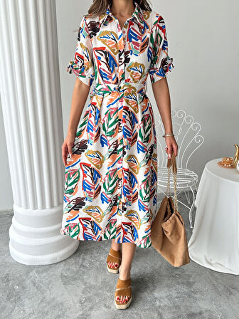 Lacivert - Boydan Düğmeli Yaprak Desenli Kemerli Midi Elbise