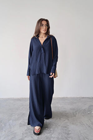 Lacivert - Kendinden Çizgili Gömlek Pantolon Takım