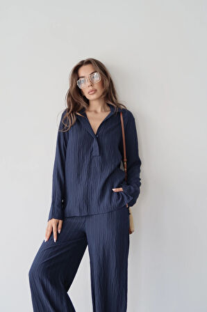 Lacivert - Kendinden Çizgili Gömlek Pantolon Takım