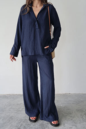 Lacivert - Kendinden Çizgili Gömlek Pantolon Takım