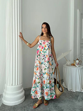 Ekru - Çiçek Desen Kare Yaka Uzun Elbise