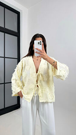 Sarı - Püsküllü Önü Bağlamalı Keten Kimono Ceket