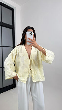 Sarı - Püsküllü Önü Bağlamalı Keten Kimono Ceket