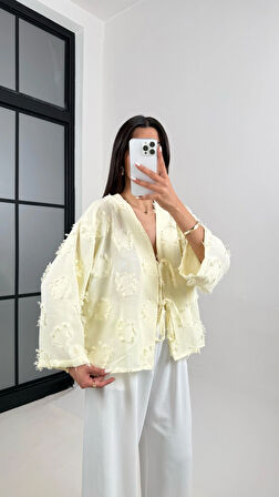 Sarı - Püsküllü Önü Bağlamalı Keten Kimono Ceket