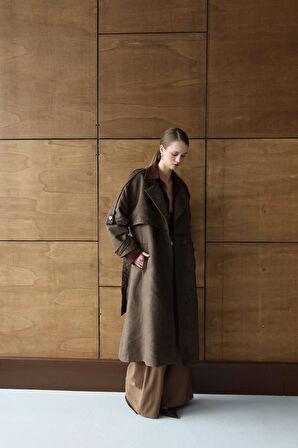 Kahverengi - Oversize Süet Görünümlü Kemerli Trençkot