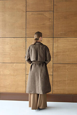 Kahverengi - Oversize Süet Görünümlü Kemerli Trençkot