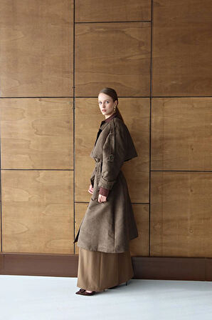 Kahverengi - Oversize Süet Görünümlü Kemerli Trençkot