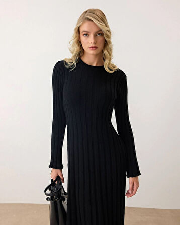 Siyah - Bel Bağlamalı Fitilli Triko Uzun Kollu Maxi Elbise