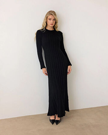 Siyah - Bel Bağlamalı Fitilli Triko Uzun Kollu Maxi Elbise