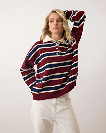 Bordo - Retro Kalın Çizgili Düğmeli Polo Yaka Triko Kazak