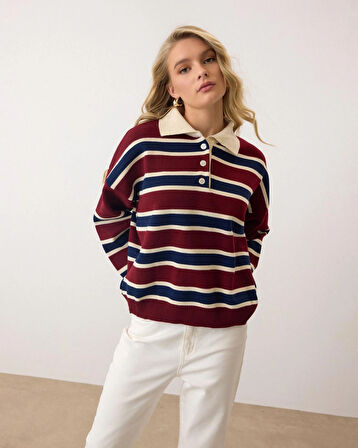 Bordo - Retro Kalın Çizgili Düğmeli Polo Yaka Triko Kazak