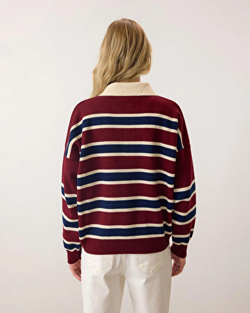 Bordo - Retro Kalın Çizgili Düğmeli Polo Yaka Triko Kazak