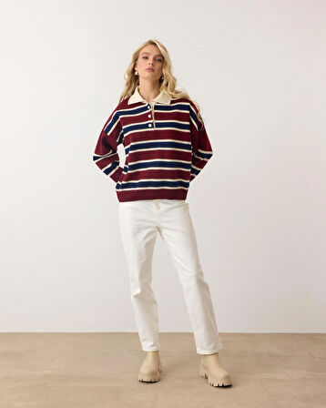 Bordo - Retro Kalın Çizgili Düğmeli Polo Yaka Triko Kazak