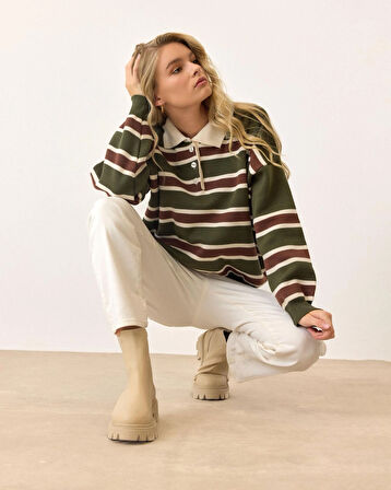 Haki - Retro Kalın Çizgili Düğmeli Polo Yaka Triko Kazak