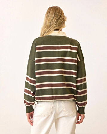 Haki - Retro Kalın Çizgili Düğmeli Polo Yaka Triko Kazak