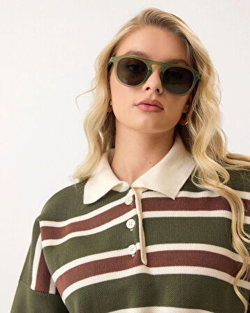 Haki - Retro Kalın Çizgili Düğmeli Polo Yaka Triko Kazak