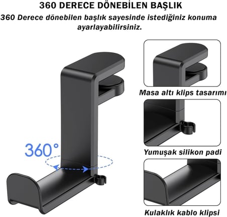 Masaya Monte Ayarlanabilir 360 Derece Döner Kablo tutuculu Oyuncu Kulaklık Eşya vb. Tutucu Stand - AL5425