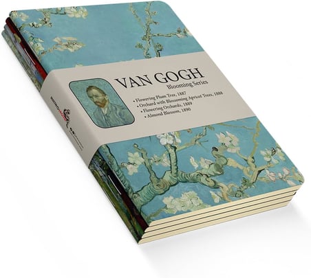 Blooming Series - A6, Van Gogh 4'lü Defter Seti II, Çizgisiz, Toplam 192 Sayfa, Her biri 48 Sayfa, Tel Dikiş, Esnek Kapak, Oval Kenar, Tuval Doku, 60 gram, Sarı Krem Renk