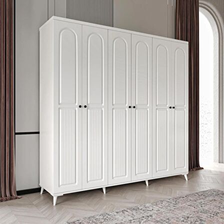 Ücretsiz Montaj - 100% MDF Roma 6 Kapaklı Beyaz Gardırop - MDF Dolap - Elbise Dolabı