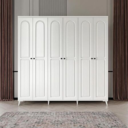 Ücretsiz Montaj - 100% MDF Roma 6 Kapaklı Beyaz Gardırop - MDF Dolap - Elbise Dolabı
