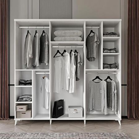 Ücretsiz Montaj - 100% MDF Roma 6 Kapaklı Beyaz Gardırop - MDF Dolap - Elbise Dolabı