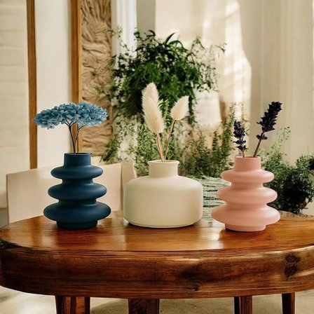 3'lü Mini Vazo Seti – Pampas &amp; Kuru Çiçek için İskandinav Pastel Taş Vazolar, Raf &amp; Masa Üstü Minimal Dekor, Mavi Krem Pembe Renkli, El Yapımı Taş Malzeme