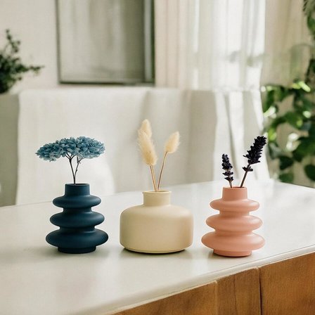 3'lü Mini Vazo Seti – Pampas &amp; Kuru Çiçek için İskandinav Pastel Taş Vazolar, Raf &amp; Masa Üstü Minimal Dekor, Mavi Krem Pembe Renkli, El Yapımı Taş Malzeme