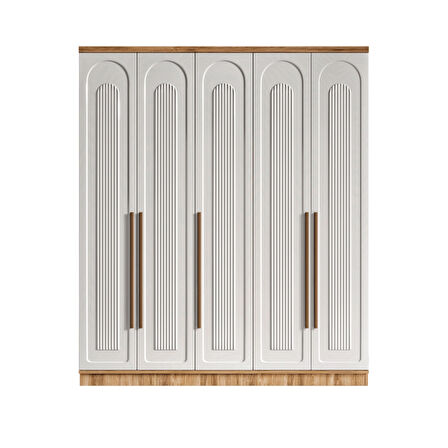 Ücretsiz Montaj - 100% MDF Flora 5 Kapaklı Beyaz Gardırop - MDF Dolap - Elbise Dolabı