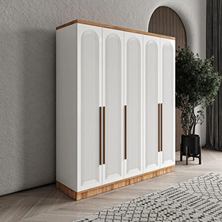 Ücretsiz Montaj - 100% MDF Rosa 5 Kapaklı Beyaz Gardırop - MDF Dolap - Elbise Dolabı