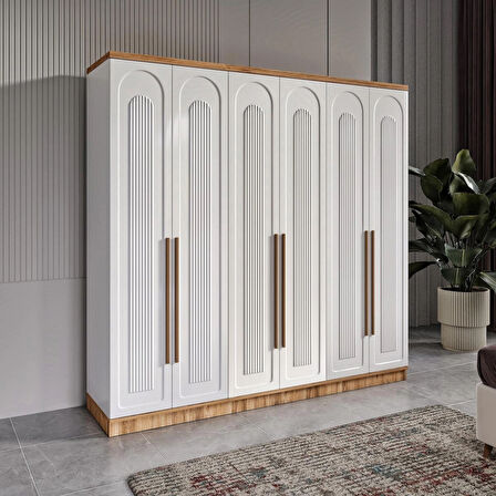 Ücretsiz Montaj - 100% MDF Flora 6 Kapaklı Beyaz Gardırop - MDF Dolap - Elbise Dolabı